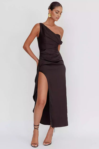 Charm and exquisite satin, ultra long shoulder exposed front leg slit, invisible back zipper Prom Dresses