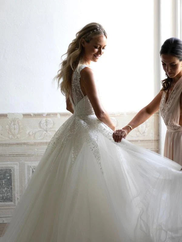 Beautiful A-line sequin lace V-neck church style skirt wedding dress