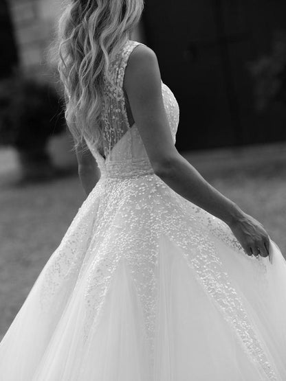 Beautiful A-line sequin lace V-neck church style skirt wedding dress