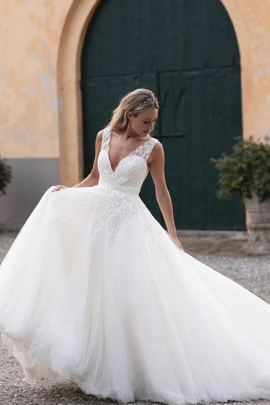 Beautiful A-line sequin lace V-neck church style skirt wedding dress