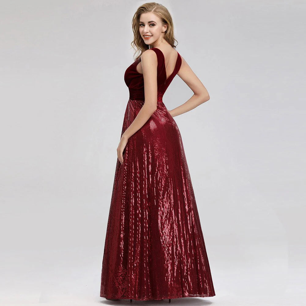 Charming wine red velvet sequin V-neck long cocktail formal ball dress