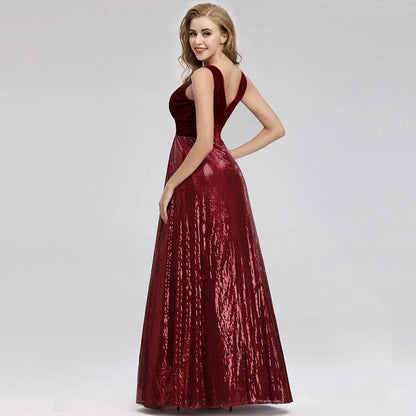 Charming wine red velvet sequin V-neck long cocktail formal ball dress