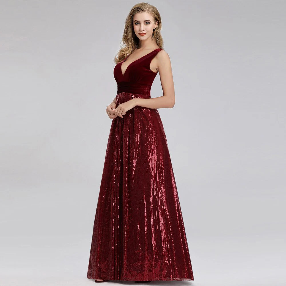 Charming wine red velvet sequin V-neck long cocktail formal ball dress