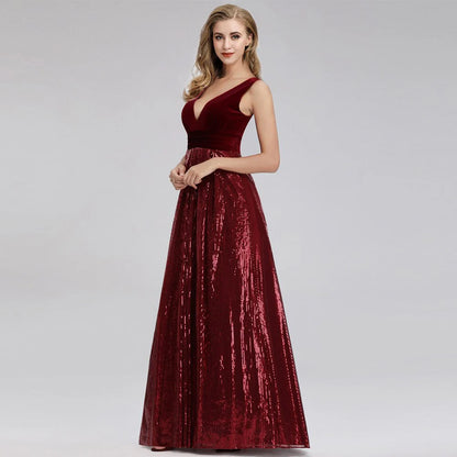 Charming wine red velvet sequin V-neck long cocktail formal ball dress