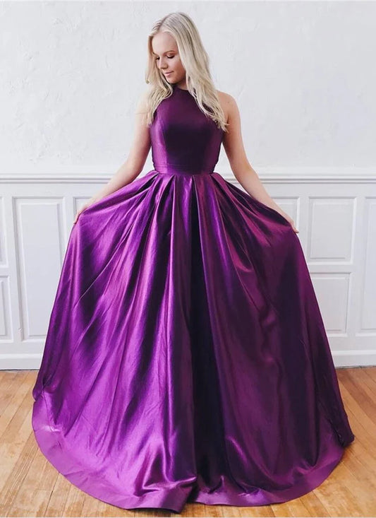 Charming purple sleeveless A-line high necked satin ball dress