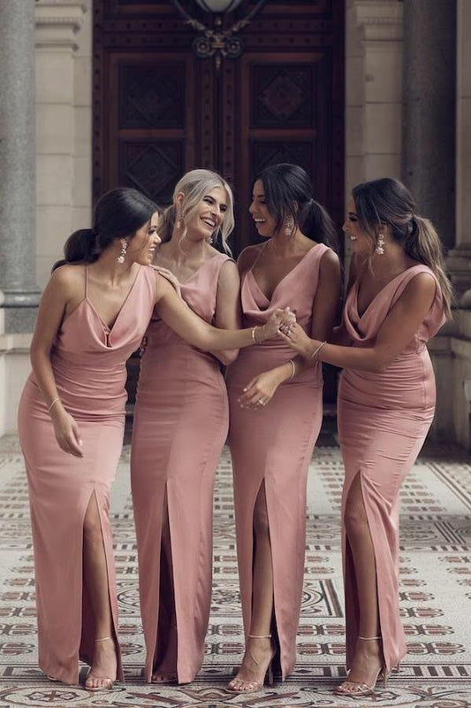 Sexy and charming slim fit V-neck slit pink long bridesmaid dress