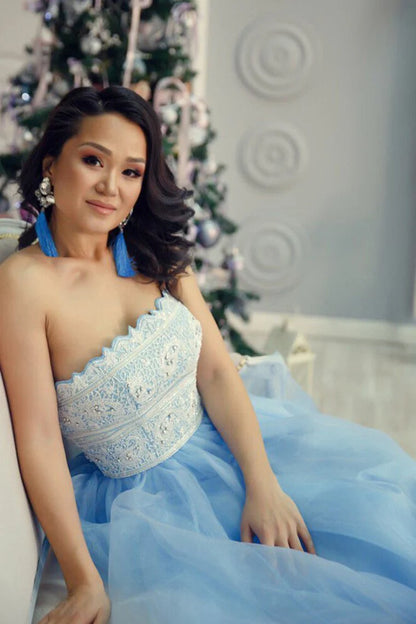 Charming strapless long sheer light blue elegant ball dress