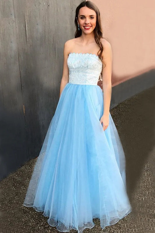 Charming strapless long sheer light blue elegant ball dress
