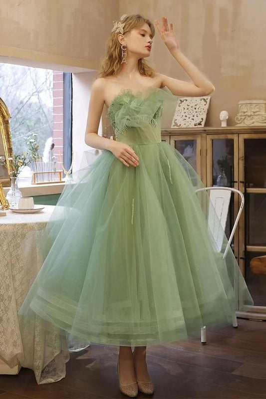Charming strapless ruffled tea long lace up sheer back to school ball short ball dress
