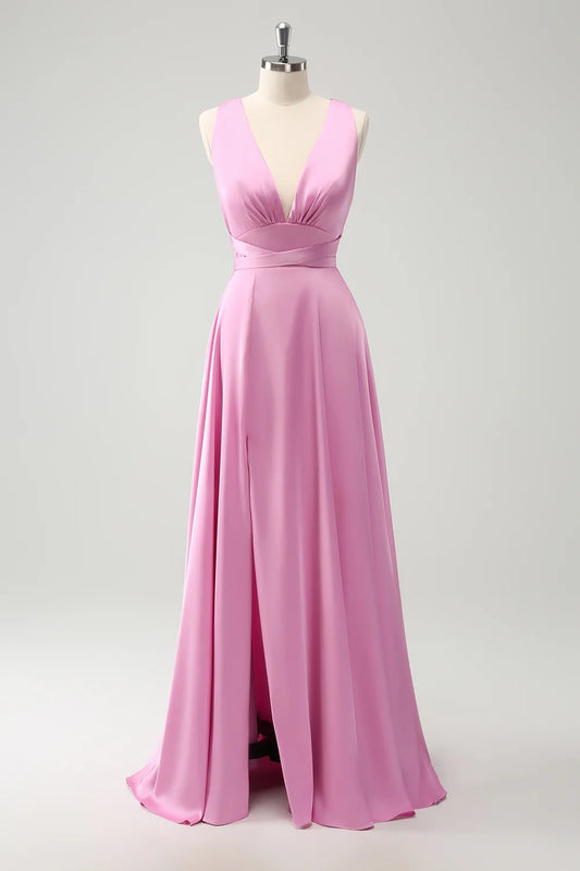 Charming A-line deep V-neck backless long slit bridesmaid dress
