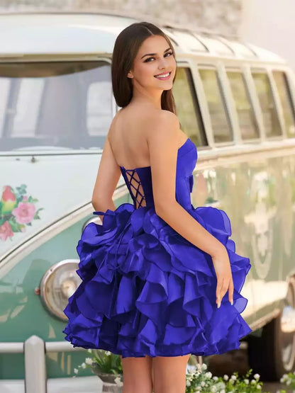 Charming A-line mini strapless satin slim fit cut with ruffled edges and back straps Homecoming Dresses