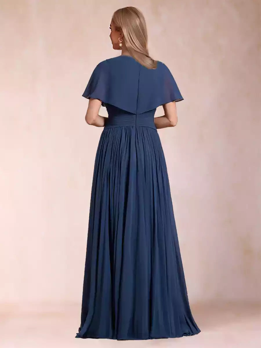 Charming A-line/princess style V-neck short sleeved chiffon ruffled hem and floor Mother of the Bride Dresses