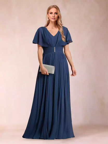 Charming A-line/princess style V-neck short sleeved chiffon ruffled hem and floor Mother of the Bride Dresses