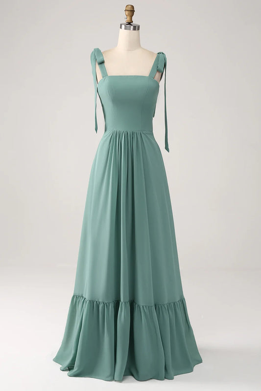 Charming A-line slim fit shoulder strap pleated and floor bridesmaid dress