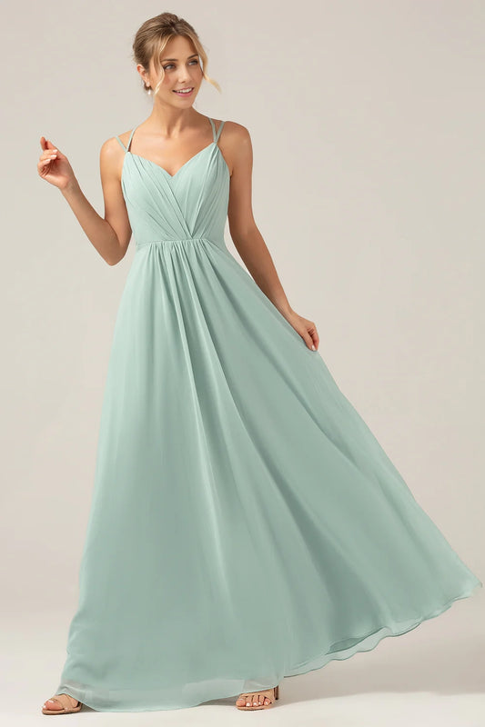 Charming A-line slim shoulder chiffon floor length pleated bridesmaid dress