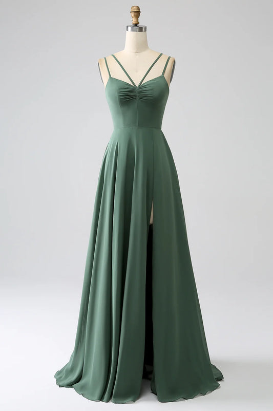 Charming A-line slim shoulder strap pleated chiffon slit bridesmaid dress