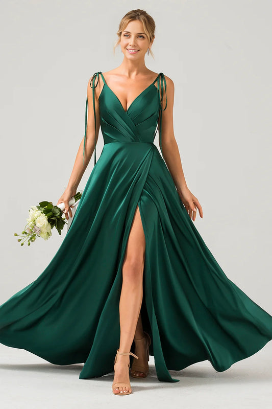 Charming A-line slim shoulder strap pleated satin long slit bridesmaid dress