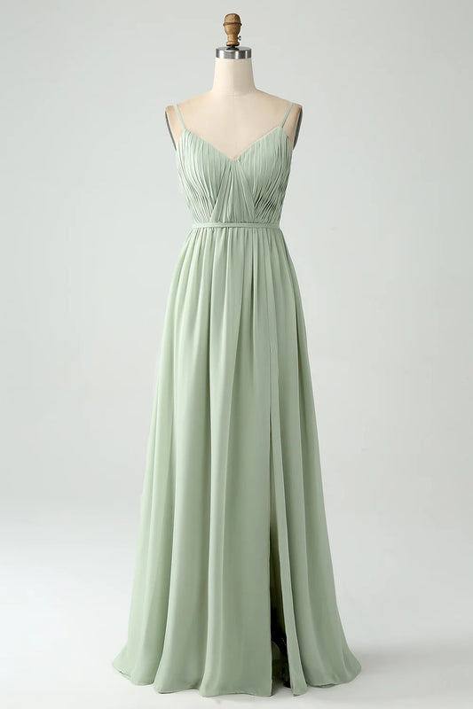 Charming A-line slim shoulder strap pleated slit V-neck sleeveless bridesmaid dress