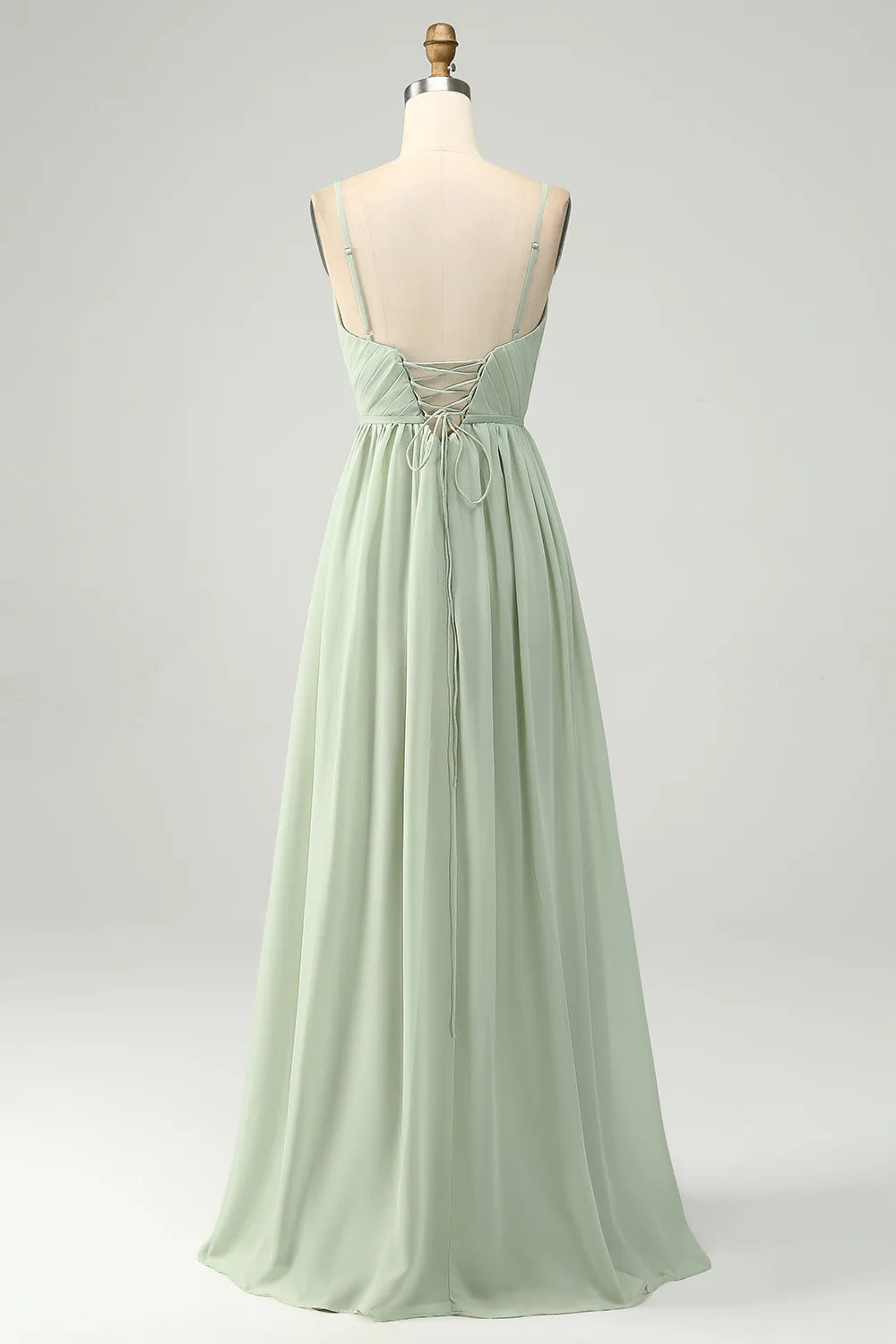 Charming A-line slim shoulder strap pleated slit V-neck sleeveless bridesmaid dress