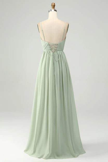 Charming A-line slim shoulder strap pleated slit V-neck sleeveless bridesmaid dress