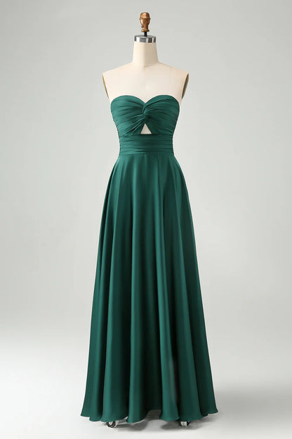 Charming A-line sweetheart satin hollow pleated long bridesmaid dress