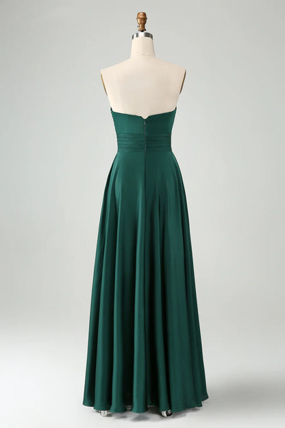 Charming A-line sweetheart satin hollow pleated long bridesmaid dress