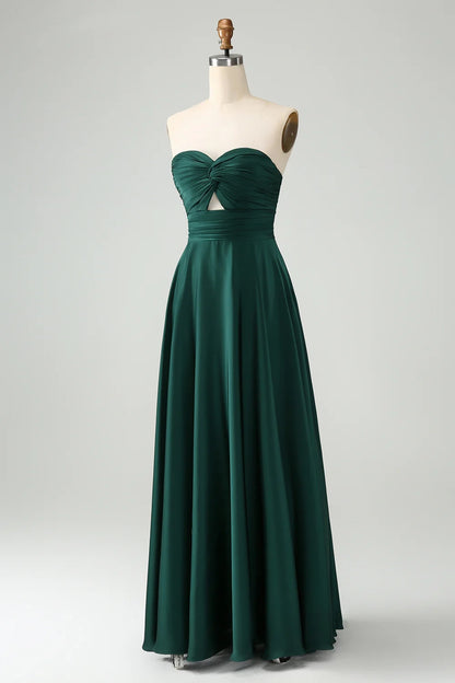 Charming A-line sweetheart satin hollow pleated long bridesmaid dress