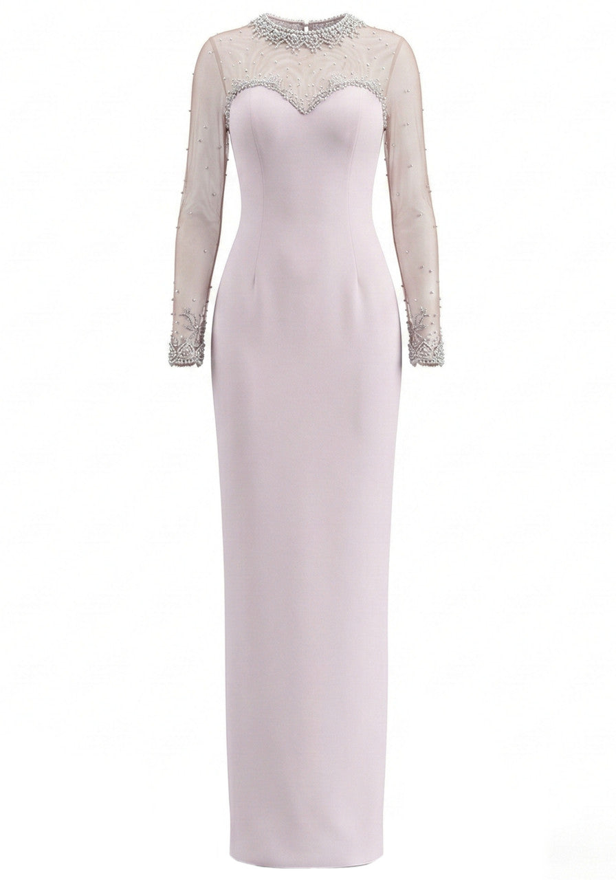 Charming Mermaid Silhouette Scoop Neck Beaded Long Sleeve Open Back Long Formal Evening Dress