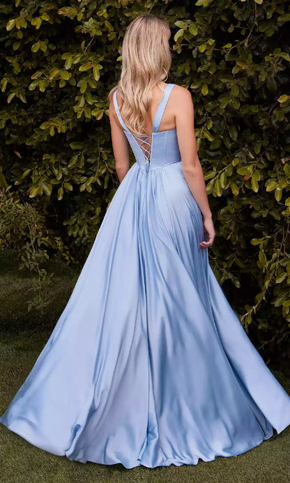Charming V-neck long A-line high waisted waistband with back tie and floor length skirt, the ideal Prom Dresses for formal occasions
