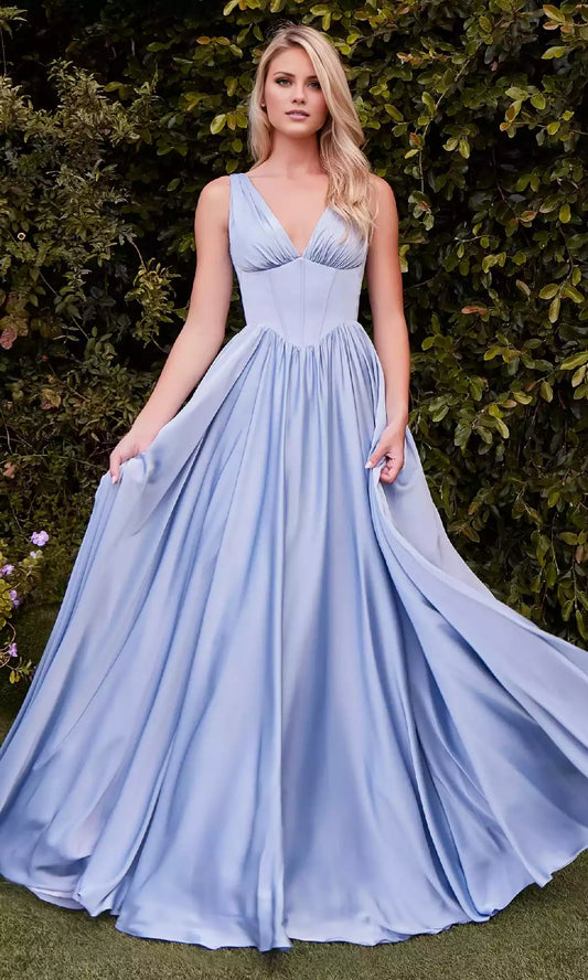 Charming V-neck long A-line high waisted waistband with back tie and floor length skirt, the ideal Prom Dresses for formal occasions