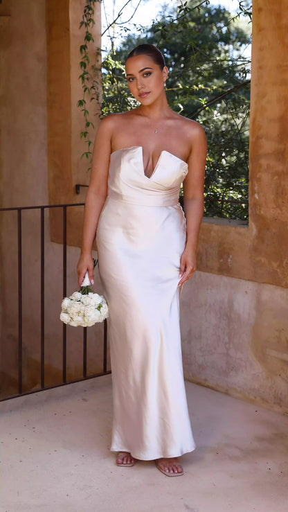 Charming V-neck pleats and strapless hidden back zipper Prom Dresses