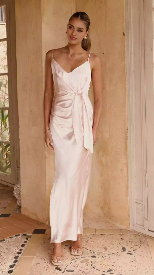 Charming adjustable thin shoulder strap V-neck, hidden zipper at the back, pleated side slits, Prom Dresses