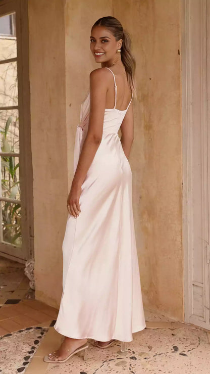 Charming adjustable thin shoulder strap V-neck, hidden zipper at the back, pleated side slits, Prom Dresses