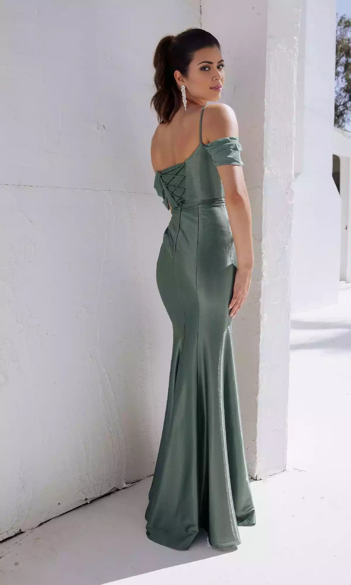 Charming and elegant long satin with slim shoulder straps, off shoulder straps, sleeves with side slits for added charm and allure Prom Dresses