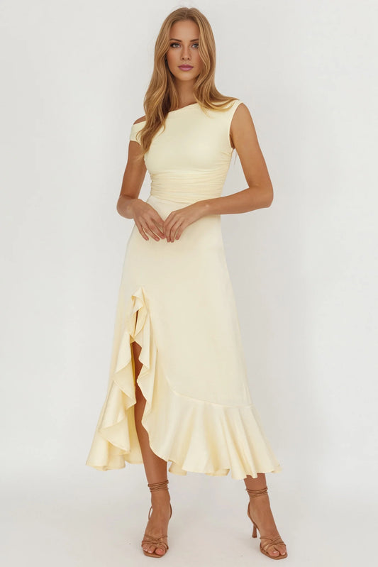 Charming asymmetrical neckline satin ruffled leg slit bridesmaid dress