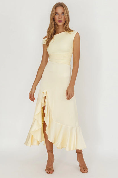 Charming asymmetrical neckline satin ruffled leg slit bridesmaid dress