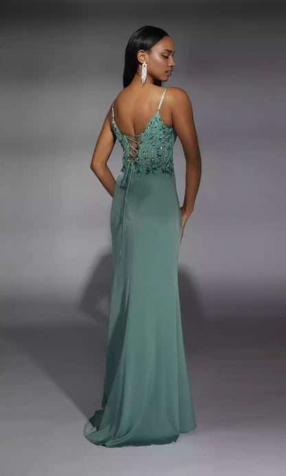 Charming beaded tight corset with back straps, pleats, and side slits that are irresistible Prom Dresses