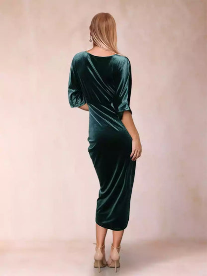 Charming cross V-neck short sleeved pleated velvet slim fit Mother of the Bride Dresses