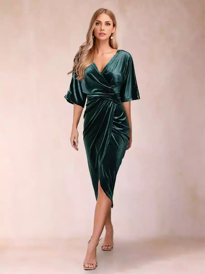 Charming cross V-neck short sleeved pleated velvet slim fit Mother of the Bride Dresses