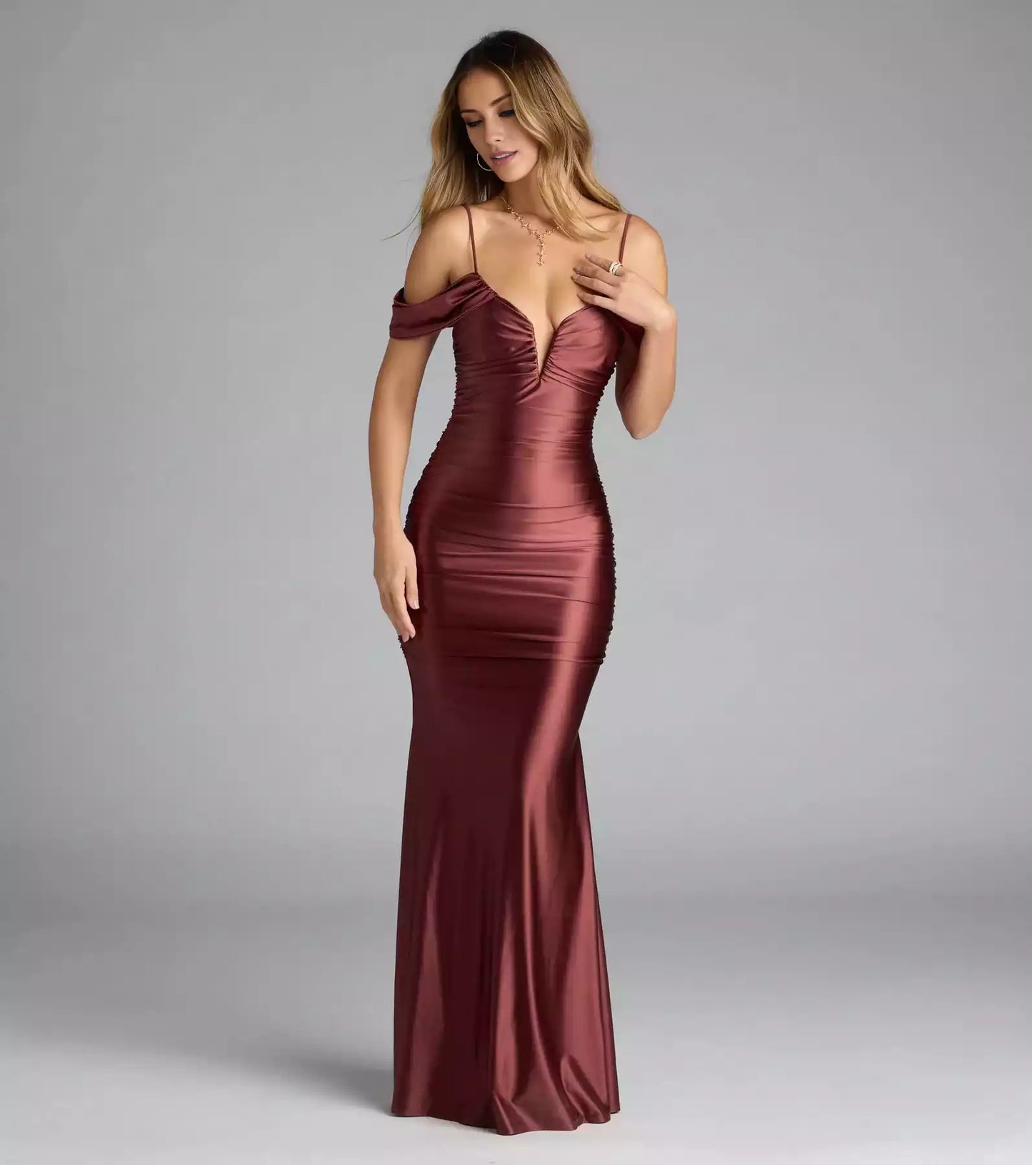 Charming elastic satin off shoulder collar with adjustable thin shoulder straps, back zipper, side stitching, pleated mermaid and floor Prom Dresses
