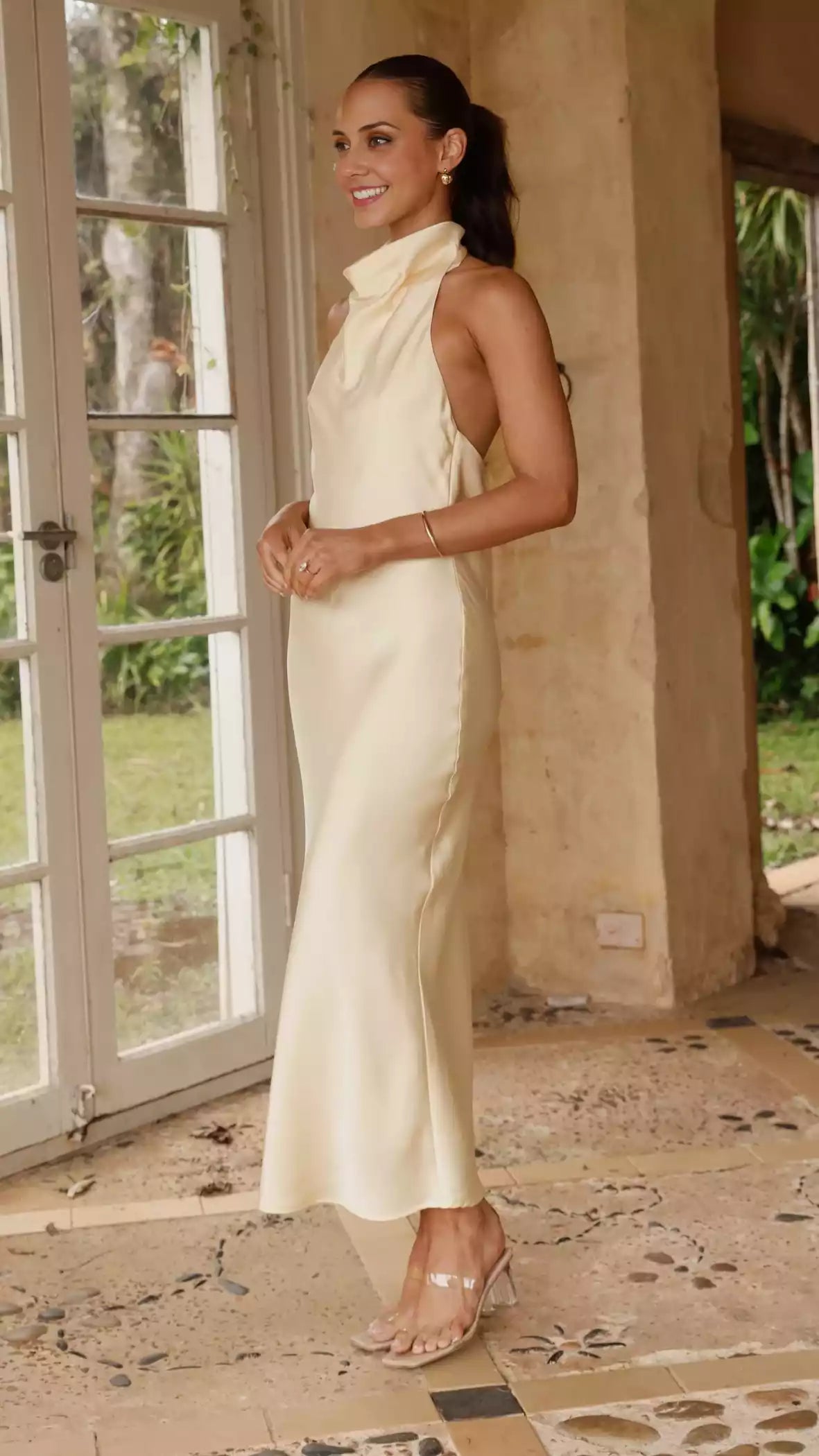 Charming floor hanging neck button closure high neckline with pleated neckline and lace up backless Prom Dresses