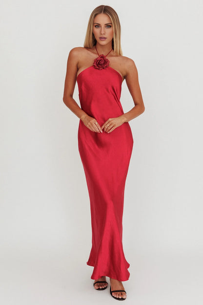 Charming floral decoration backless satin with extra long side zipper bridesmaid dress