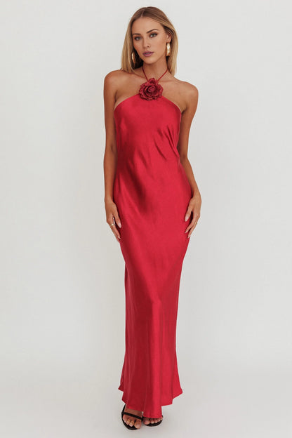 Charming floral decoration backless satin with extra long side zipper bridesmaid dress