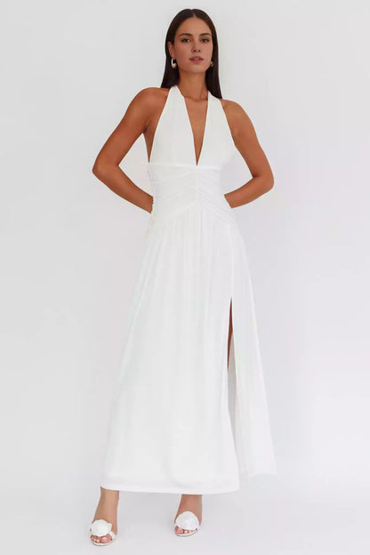 Charming halter neck, pleated neckline, backless lining, front leg slit, side zipper Prom Dresses