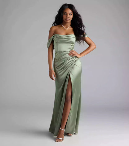 Charming high-quality satin off shoulder collar, back zipper, tight corset, high front slit, slim fit cut Prom Dresses