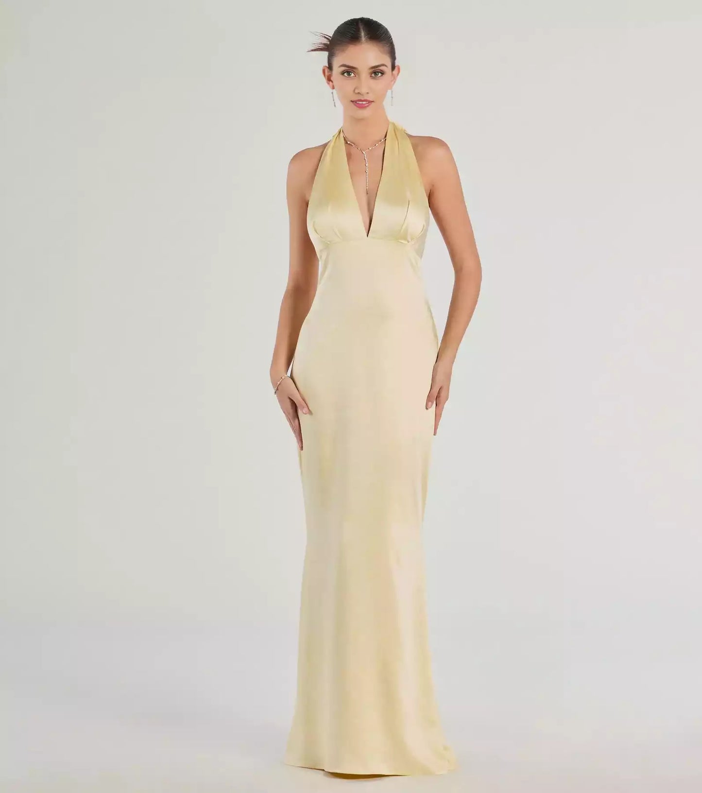 Charming high-quality satin woven sleeveless backless deep V-neck column silhouette and skirt Prom Dresses