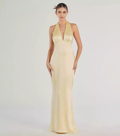Charming high-quality satin woven sleeveless backless deep V-neck column silhouette and skirt Prom Dresses