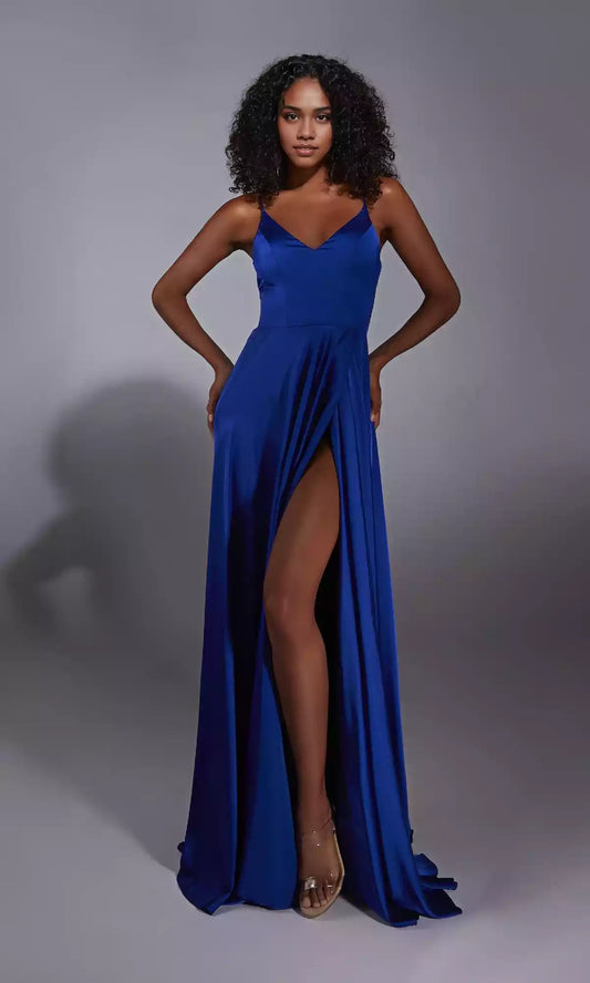 Charming long satin chiffon flowing V-neck A-line adjustable thin shoulder strap with back slit Prom Dresses
