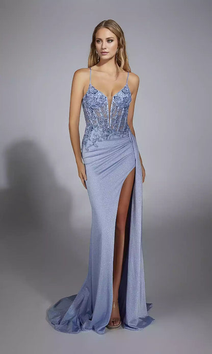 Charming long stretch satin shimmering lace embroidery transparent tight corset back zipper slit Prom Dresses