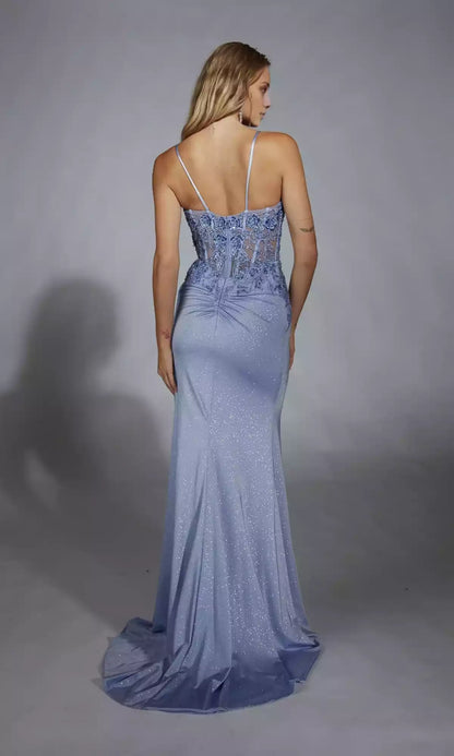 Charming long stretch satin shimmering lace embroidery transparent tight corset back zipper slit Prom Dresses